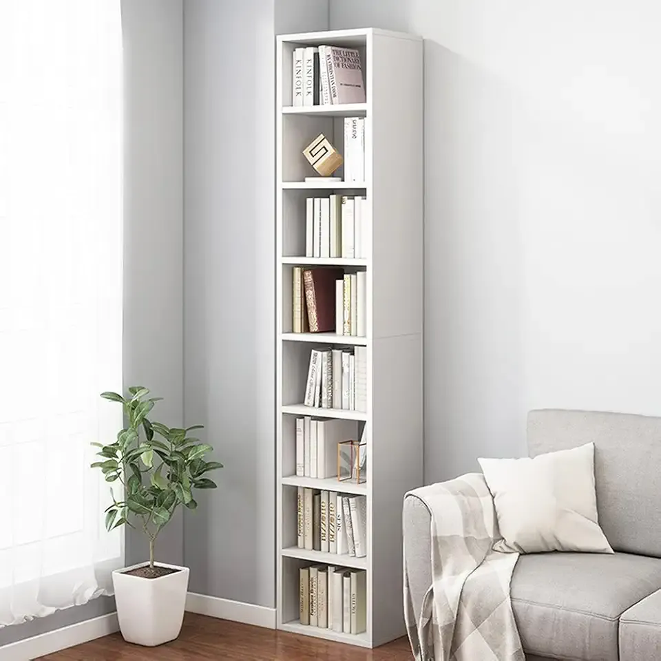 Small Narrow Corner Bookcase - 71 Inches Tall Gap Freestanding Storage Cabinet, 8 Lattices Open Shelves Tower Rack, Cubes Bookshelf in White