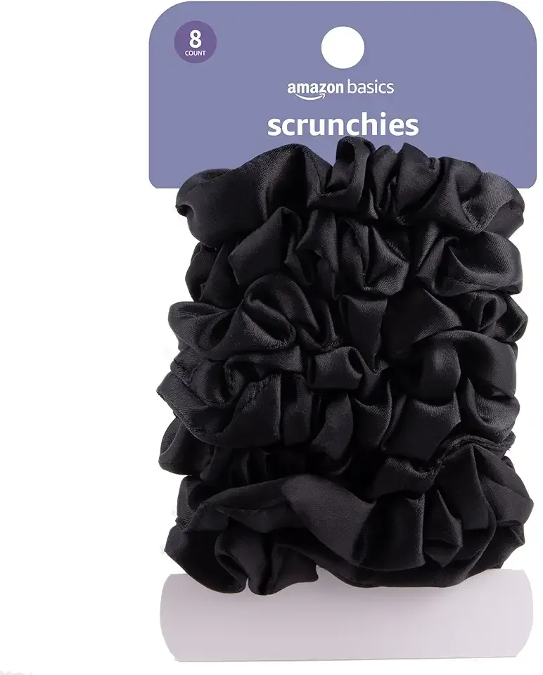Amazon Basics Satin Scrunchies – No Crease, No Damage Hair Ties – Frizz Free, Gentle, Stylish Scrunchies. Black, 8 Count, For Thin and Normal Hair
