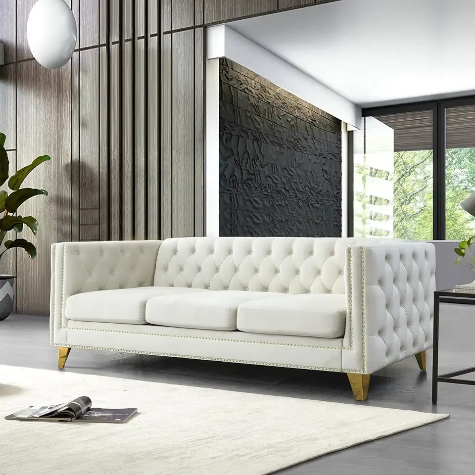 80.5-Inch Velvet 3 Seater Sofa Couch, Comfy Couches for Living Room, Modern Sofa with Tufted Back and Rivet Decoration, Upholstered Long Couch with Solid Golden Metal Tapered Legs, Beige