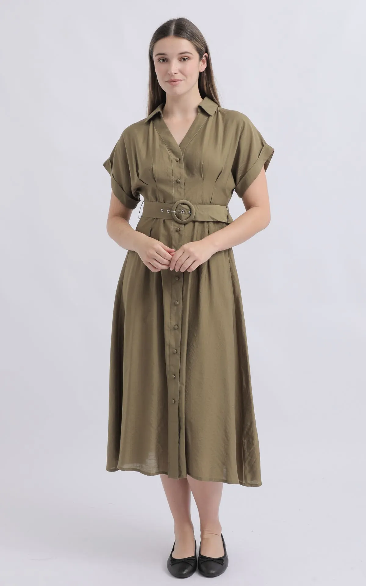 Voile Roll Cuff Belted Shirt Dress