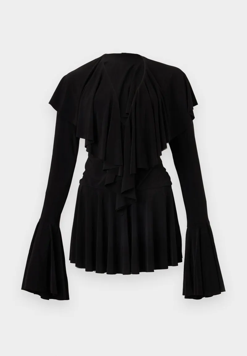 LONG SLEEVE DEEP V RUFFLE MINI DRESS - Jerseykjole - black
