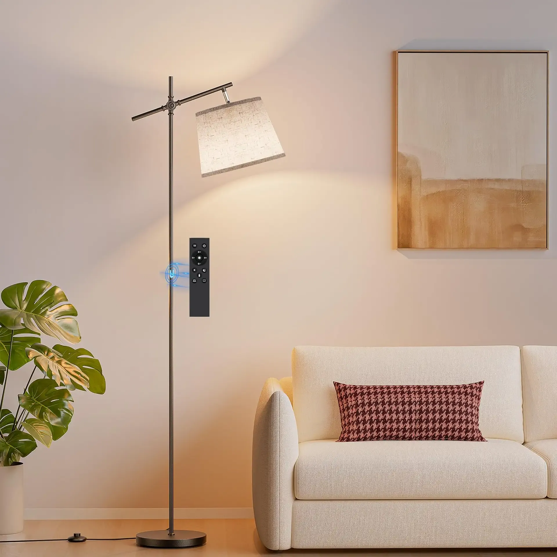 SIBRILLE Floor Lamp with Linen Shade, Dimmable Tall Standing Lamp with Remote Control & 3 Color Temperatures Bulb, Modern Swing Arm Floor Lamps for Living Room Bedroom Office Corner
