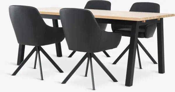 SKOVLUNDE L200 tafel naturel eik + 4 ROSTRUP stoelen zwart