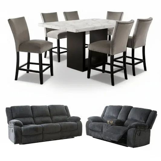 Bundle: Pub Set Falcon Dining Table Set - Gray + Lawrence Motion Sofa and Love Seat by Best Home - Blue