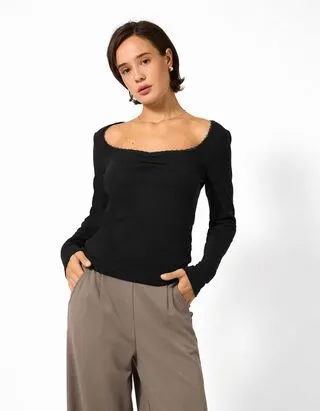 Maglia a manica lunga - Inserto in pizzo - Nero