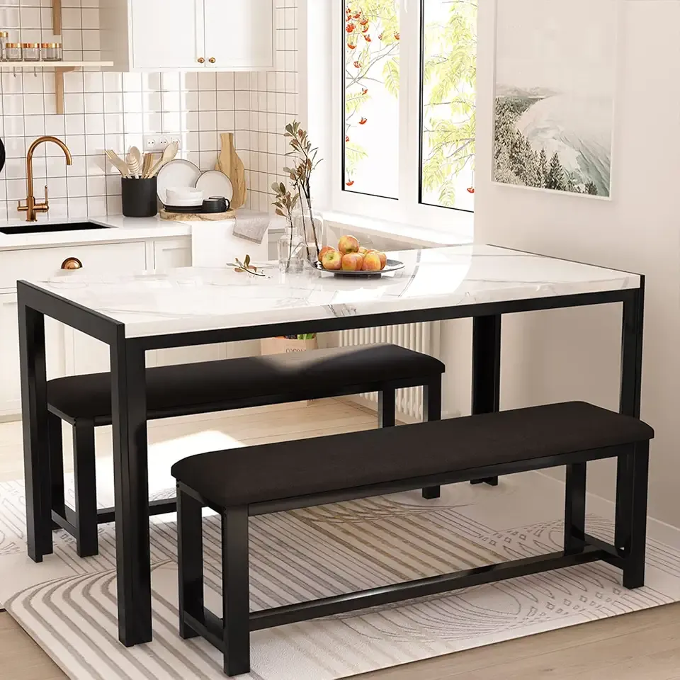 Dining Room Table Set with 2 Benches, Dining Table Set for 4-6, Dinner Table Set for 4, Faux Marble Breakfast Table Set & PU Leather Upholstered Benches for Small Spaces, Apartment, White