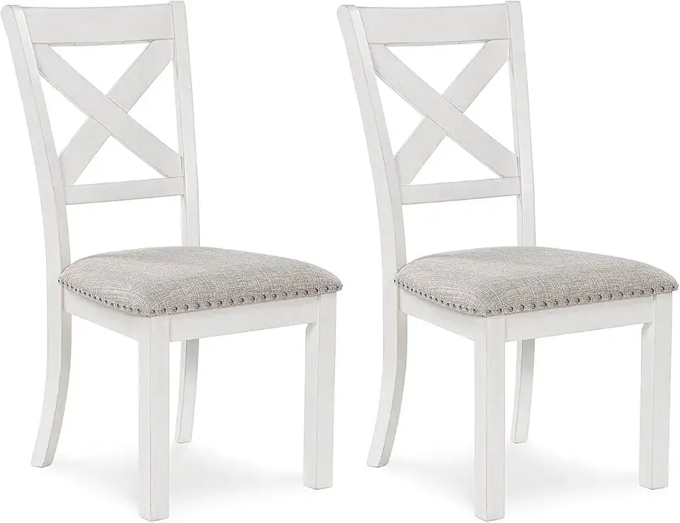 Signature Design by Ashley Robbinsdale Casual Upholstered Solid Wood Dining Chair with Nailhead Trim, Set of 2, White & Light Gray