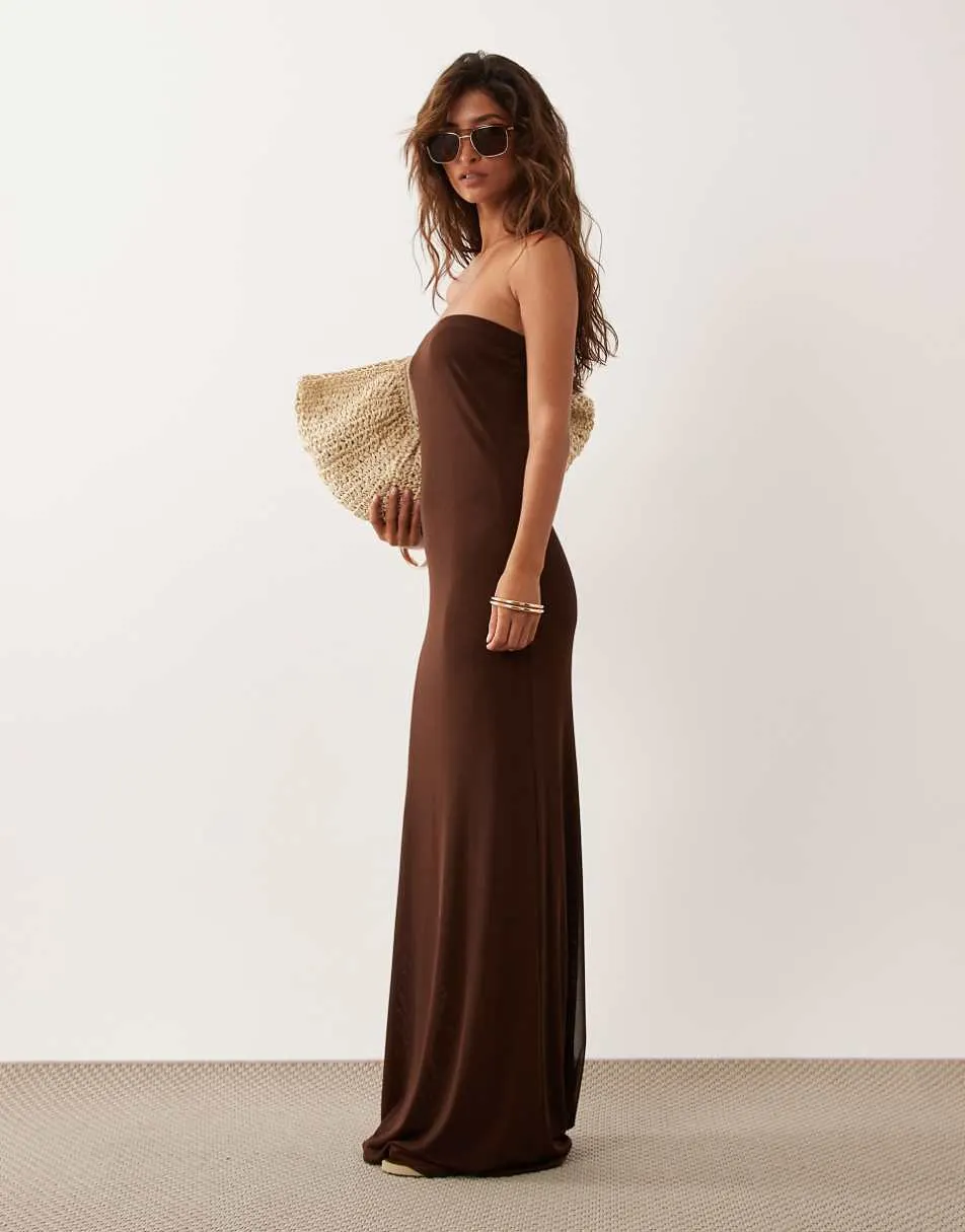 ASOS DESIGN sheer mesh bandeau maxi dress in chocolate