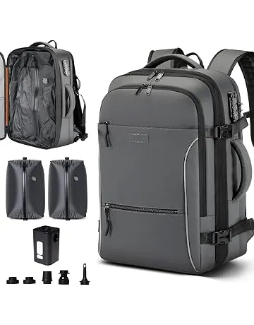 FIROVIAN 70L Travel Backpack With Vacuum Compression System,Grey | 70L Vacuum Backpack, 2 Detachable TPU Bags, TSA Lock, Fits 16" Laptop, Water-Resistant Travel & Business