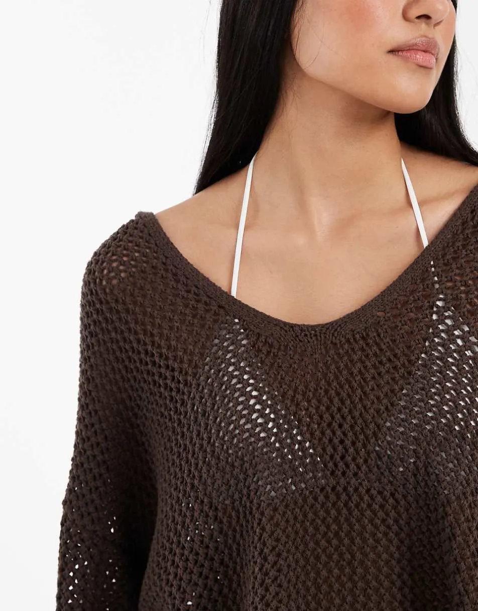 ASOS DESIGN Beach knit hooded t-shirt co ord in chocolate