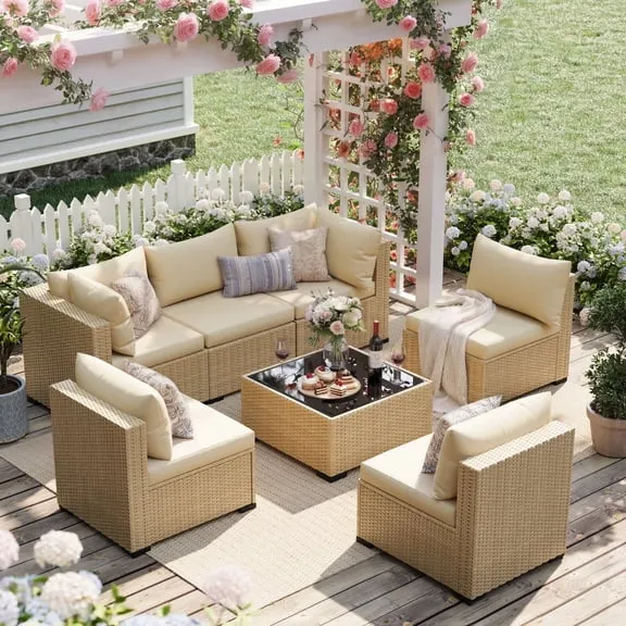 Reduced price UDPATIO 7-Piece Wicker Modular Sectional Outdoor Conversation Sets with Glass Coffee Table, Yellow&Beige