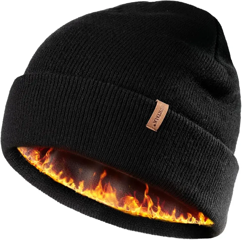 Mens Beanie Fleece Lined Winter Hats Double Layered Stylish Knited Cuffed Plain Hat