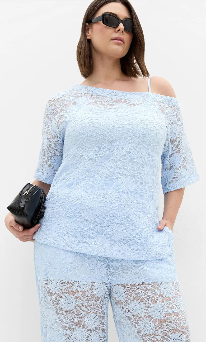 Nylah Off Shoulder Lace Top - sky blue