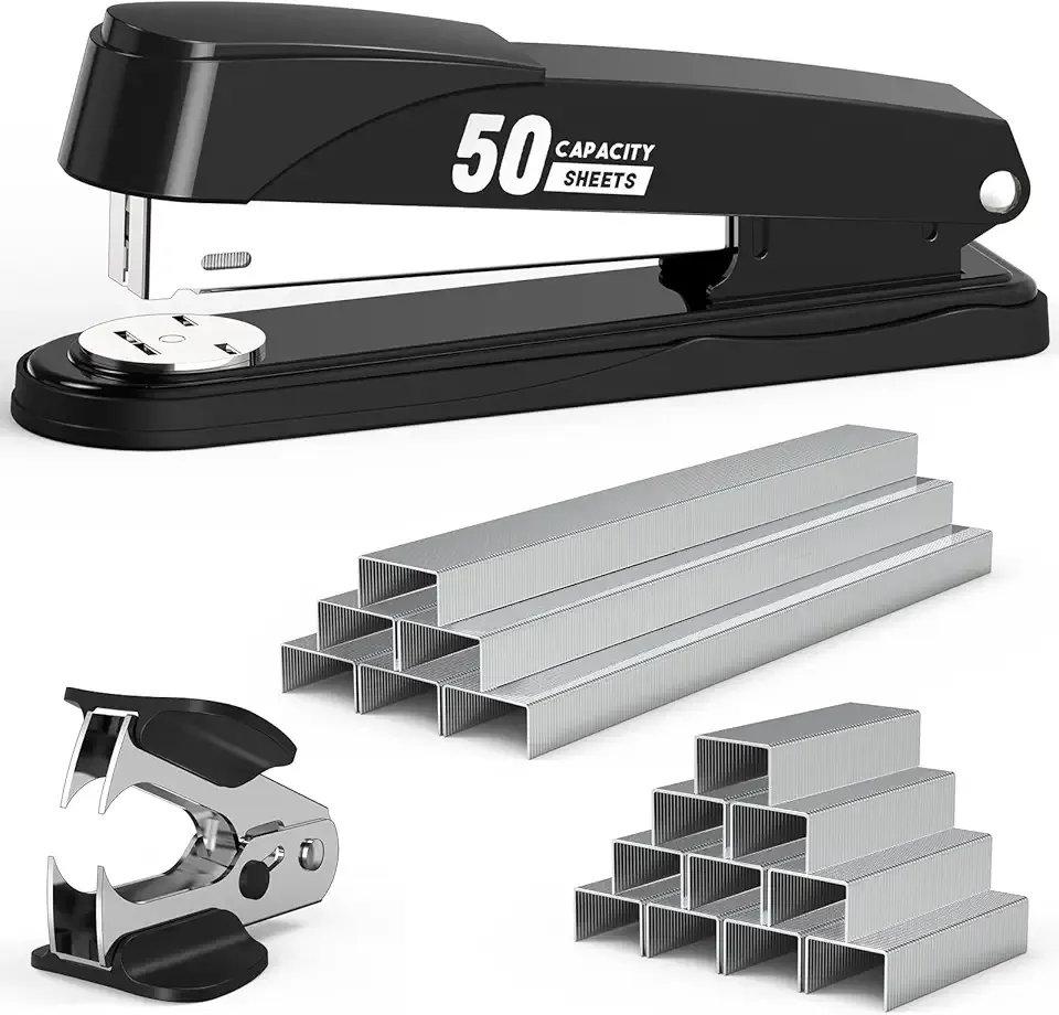 Metal Stapler Heavy Duty 50 Sheet Capacity with 1750 Staples and Staple Remover, Full Strip Staplers for Desk, No Jam, Non-Slip for Office & Classroom, Black