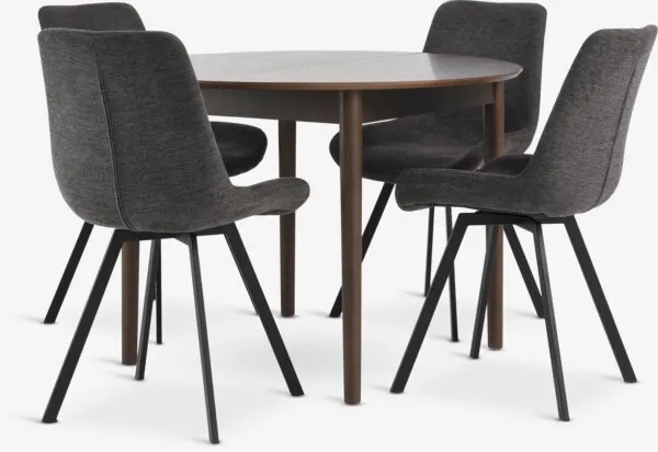 MARSTRAND + HYGUM MARSTRAND Ø110 tafel donker eiken + 4 HYGUM stoelen grijs