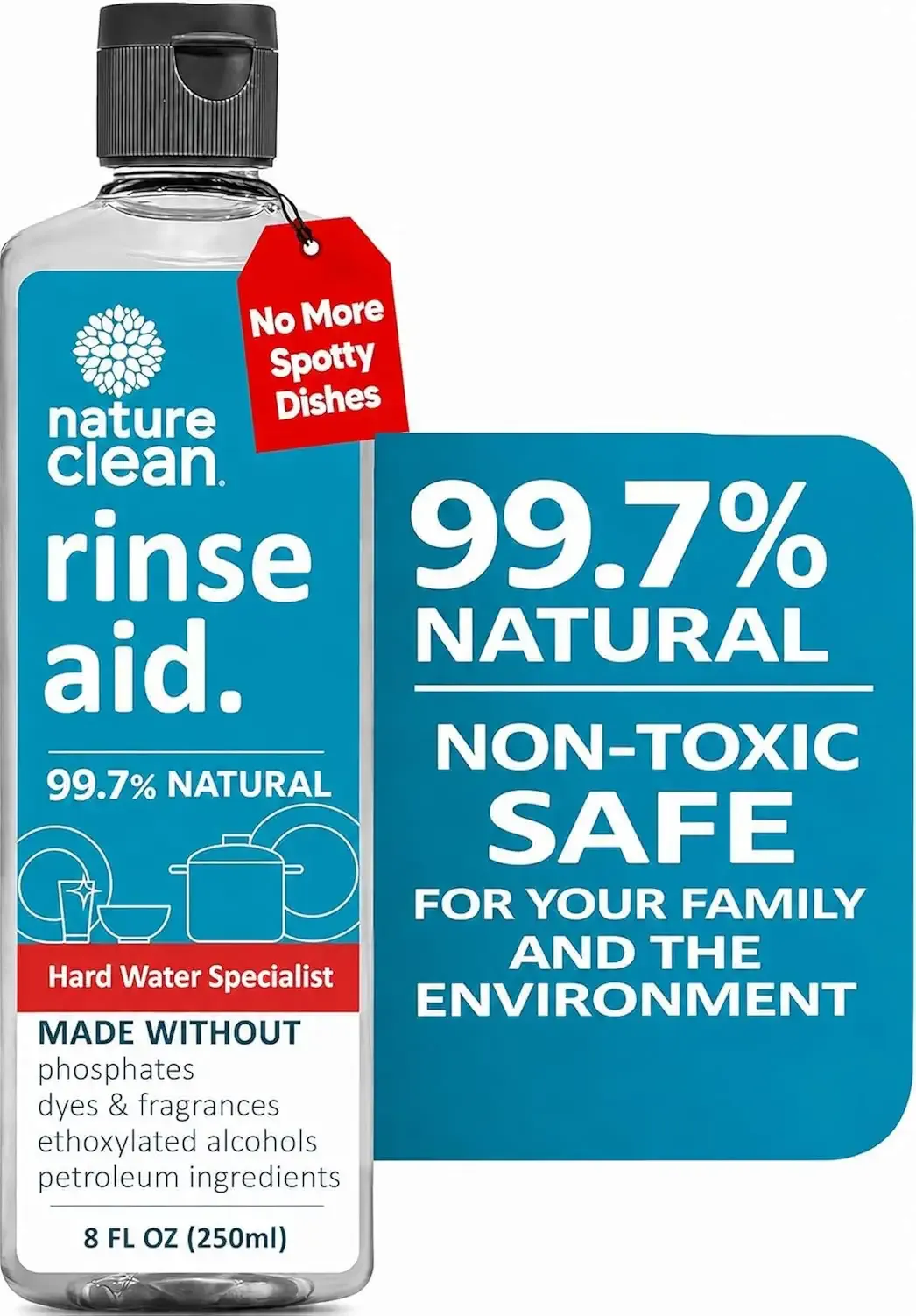 Nature Clean Dishwasher Rinse Aid, Non-Toxic Liquid Drying Agent, 8 Fl Oz | Unscented rinse aid made without phosphates, dyes or fragrances. For spot-free glasses and cutlery in hard water.
