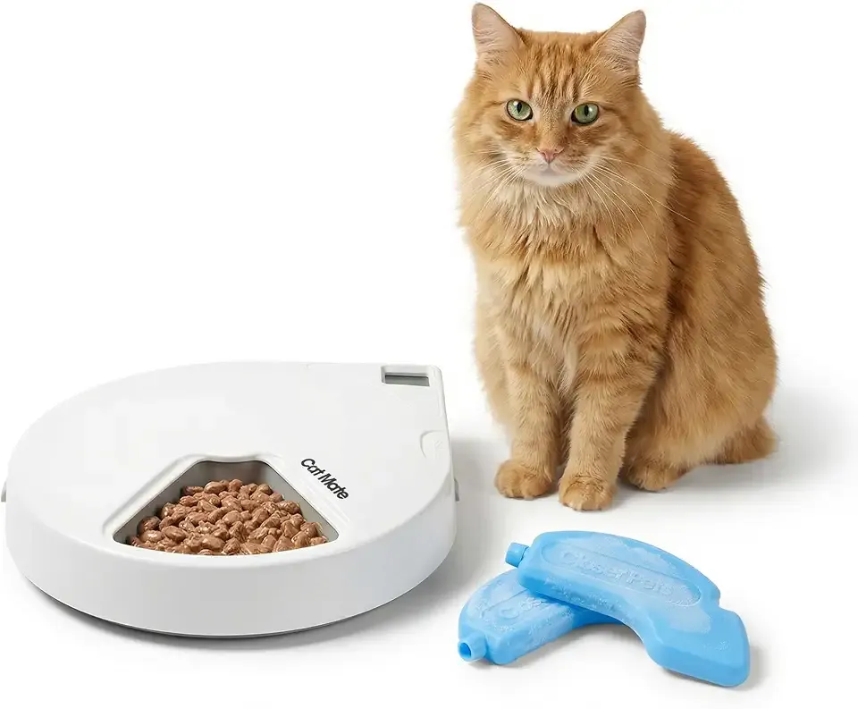 Cat Mate C500 Automatic 5 Bowl Digital Timer-Controlled Pet Feeder - for Cats and Small Dogs, Wet or Dry Food, Includes Twin Ice Packs, 5 Meals Up to 0.73 lb Each, White