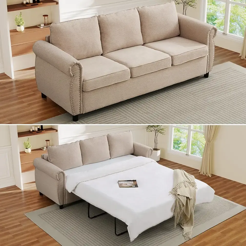 Queen Pull Out Sofa Bed, 2-In-1 Pull Out Couch Bed with Memory Foam Mattress & Riveted Rolled Armrests, 3 Seater Convertible Sleeper Sofa, Foldable Couch for Living Room, Bedroom, Apartment(Beige)