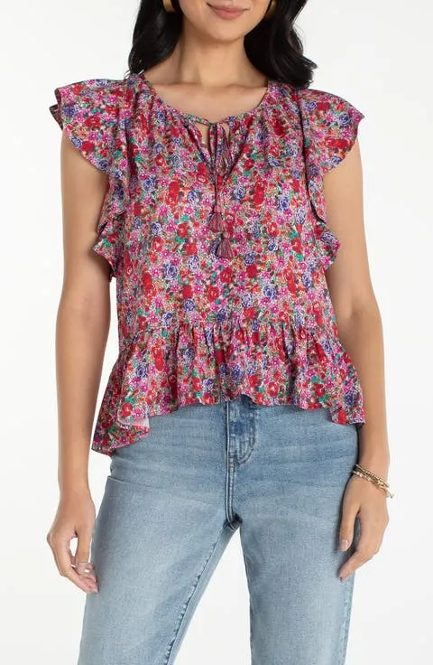 Floral Print Flutter Sleeve Peplum Top