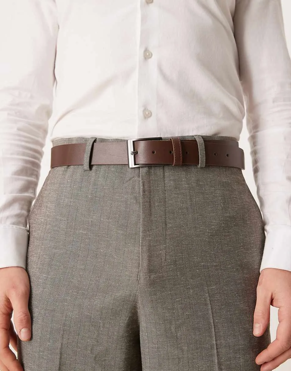ASOS DESIGN faux leather belt with gunmetal buckle in brown