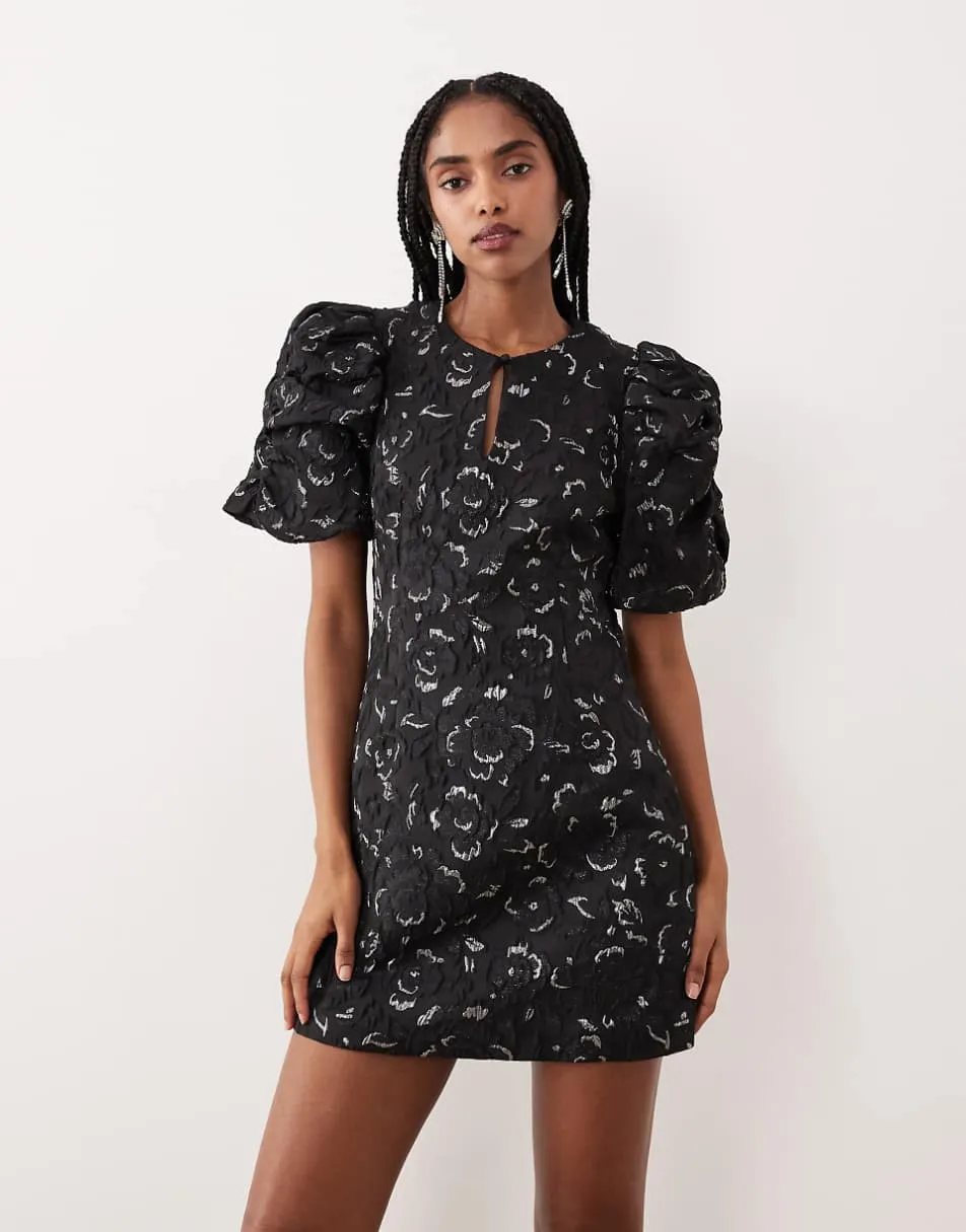 Gina Tricot volume balloon sleeve rose brocade mini dress with silver metallic inserts in black