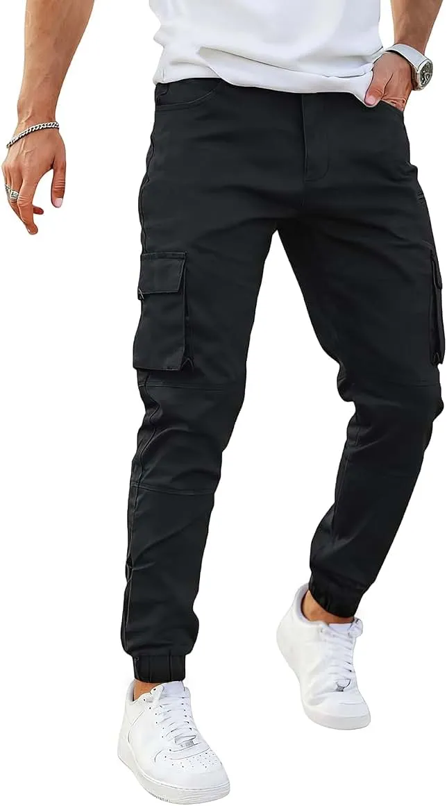 GINGTTO Cargo Joggers Men Cotton Slim Fit Stretch Camo Pants Elastic Waist | 6 Pockets,Tapered leg,Heavy weight,30in,Work,Hiking,