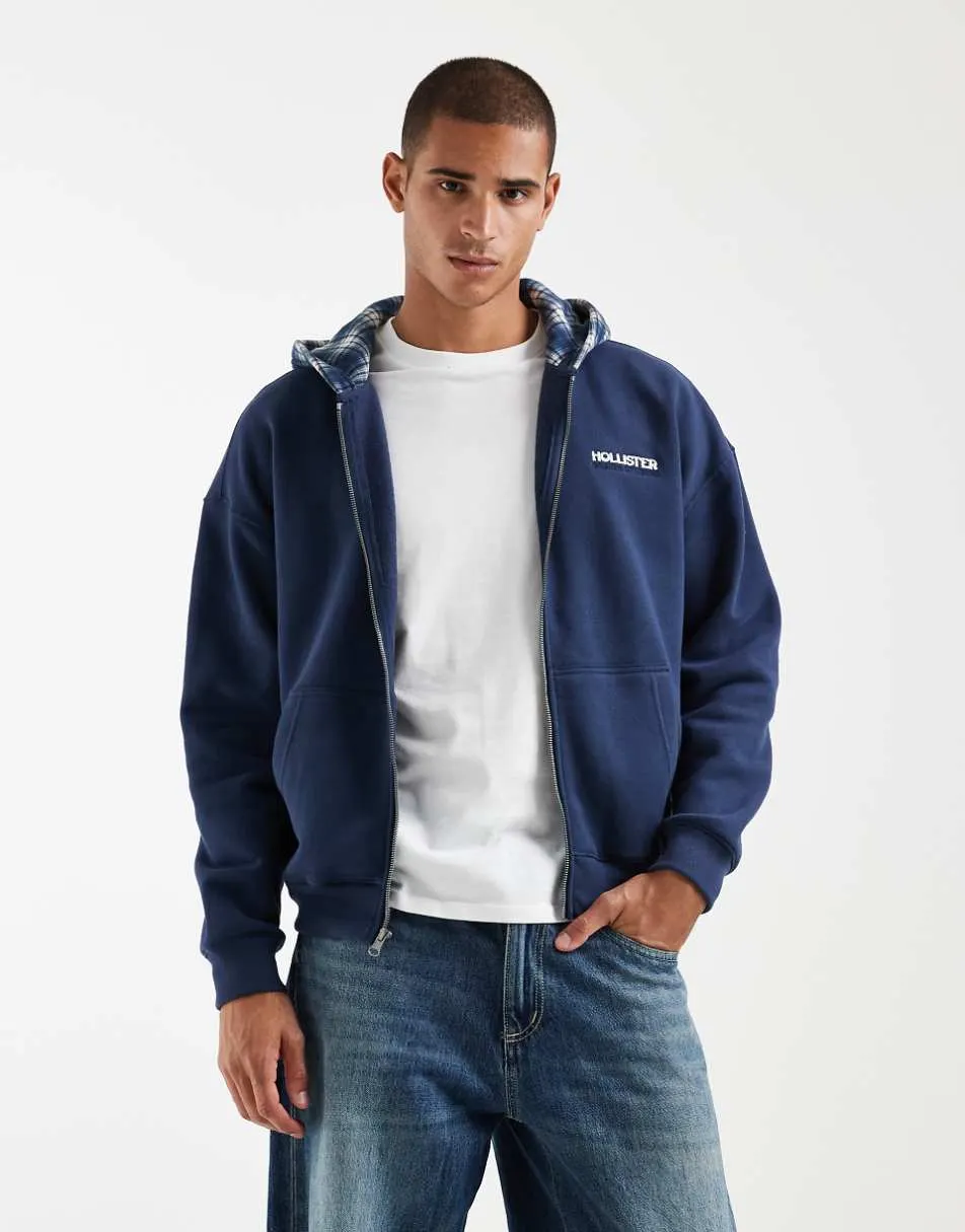 Hollister zip up hoodie with contrast hood in navy