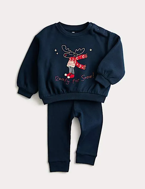 2-tlg. Rentier-Fleece-Outfit mit Sweatshirt (0–3 J.)