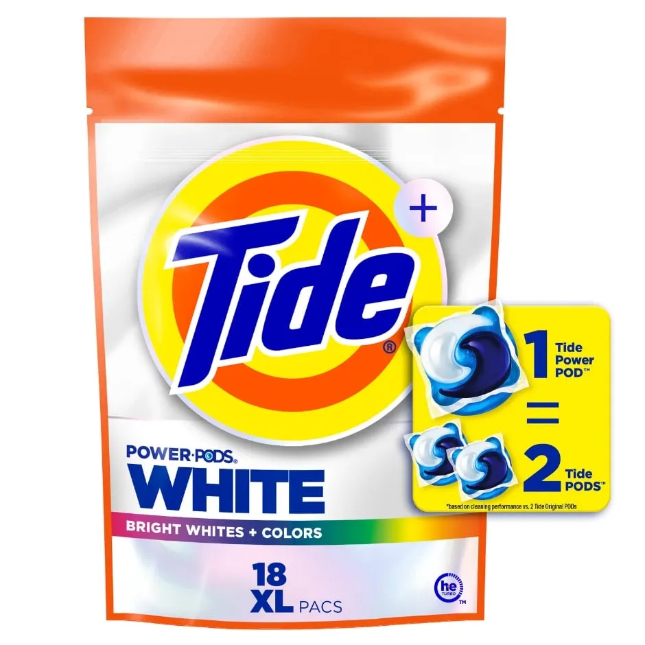 Tide Power PODS White Laundry Detergent Pacs, 18 Count, Brilliant Whitening + Color Protect, laundry soap detergent pacs
