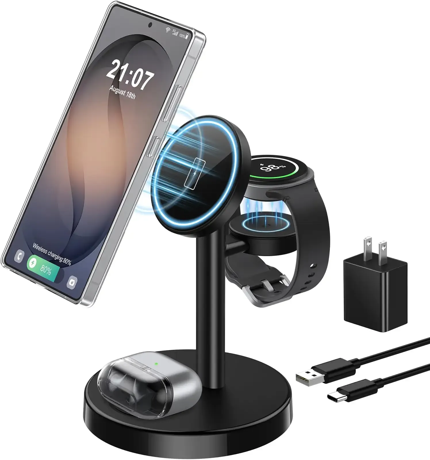 Magnetic Wireless Charger for Samsung, 3 in 1 Super Fast Charging Station Compatible with MagSafe, Phone Charger Stand for Samsung Galaxy S26 Ultra S25 Z Fold/Flip 7, Watch Ultra 8 7 6, Buds 4/3 Pro