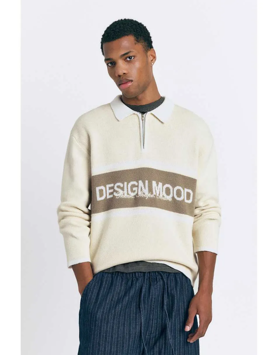 Pull&Bear Textured zip-up polo shirt in off white