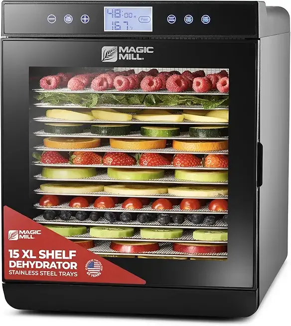 Magic Mill Premium Food Dehydrator Machine (15 Extra-Large Stainless Steel Trays) 800W Dryer for Beef Jerky, Fruits, Vegetables, Dog Treats, 48 Hour Digital Timer - 95°-167° Temperature Control