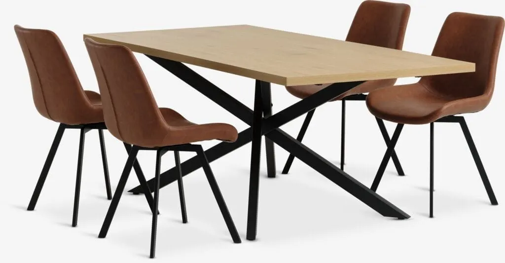 NORTOFT Tavolo L200 rovere caldo + 4 HYGUM Sedie cognac/nero