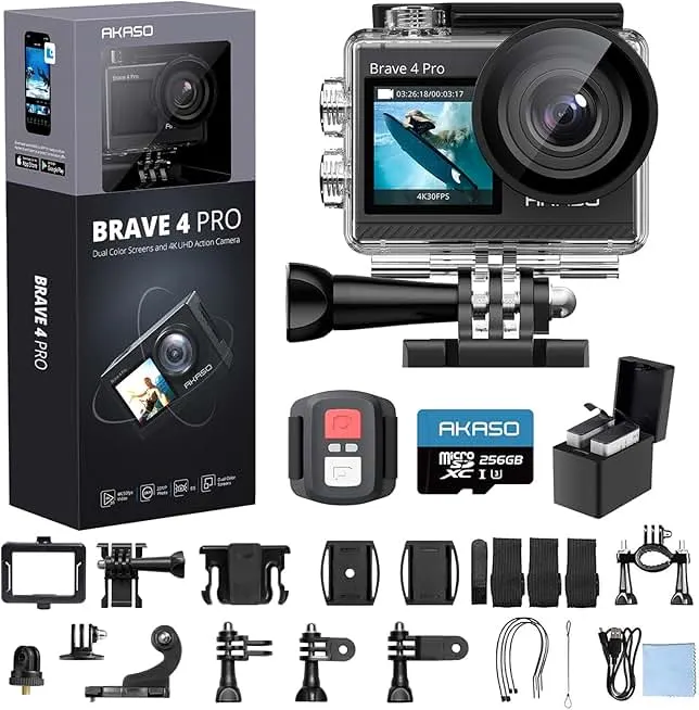 AKASO Brave 4 Pro 4K30 Action Camera with 256GB MicroSD U3 Card 131FT Underwater Waterproof Camera EIS Touch Screen Remote…