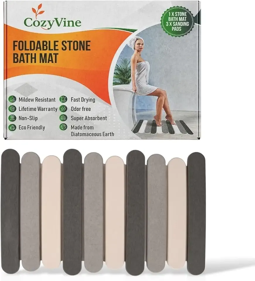 CozyVine Non-Slip Foldable Stone Bath Mats for Bathroom, Super Absorbent Diatomaceous Earth Mats, Quick Drying Mat, 23.6 x 15.5 Inch Folding Grey Bath Stone Mat, Easy Storage and Compact