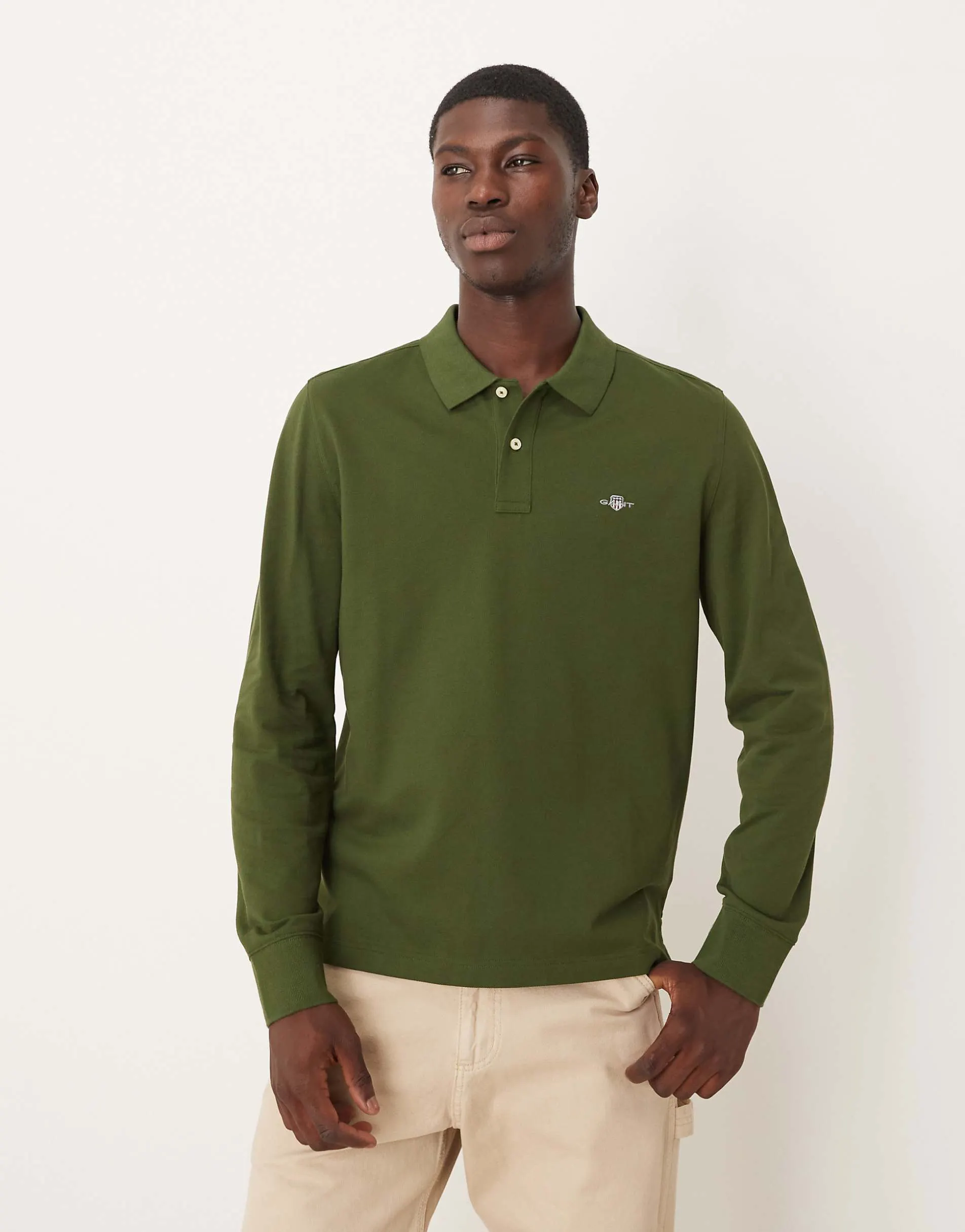 GANT shield logo long sleeve pique polo in dark green