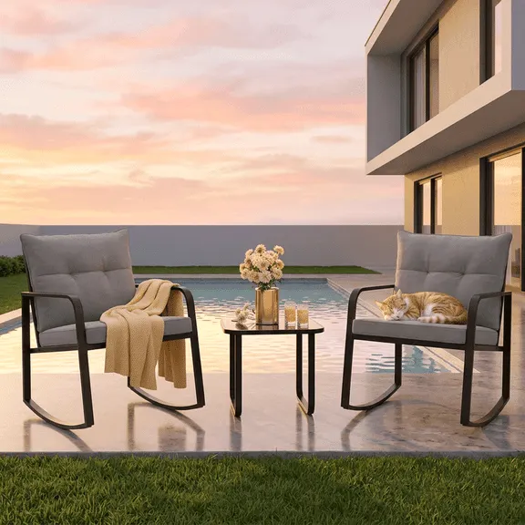 Patio Furniture Set, Rocking Bistro Set Chair with Coffee Table for Balcony, Backyard, Gray