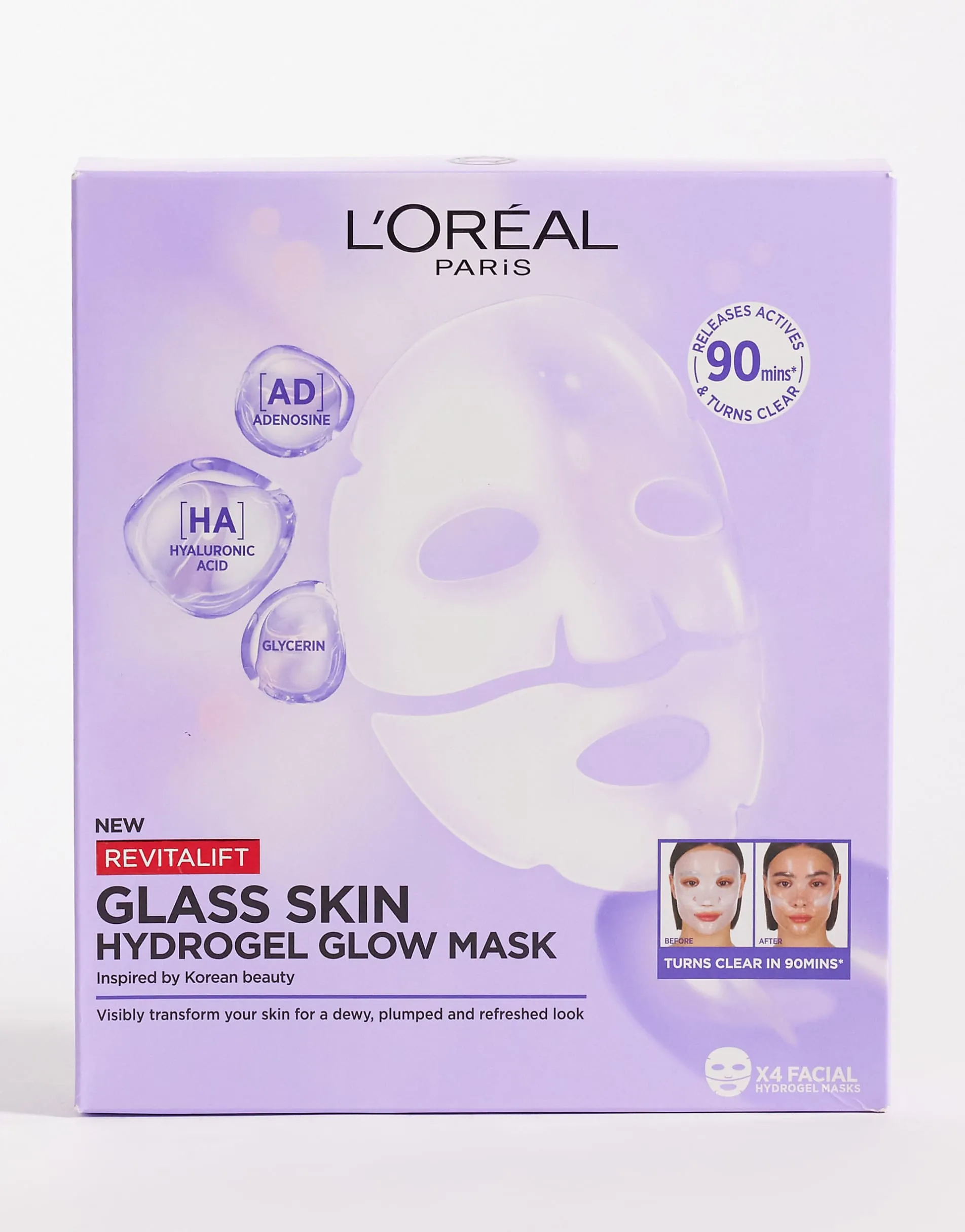 L'Oreal Revitalift Filler Glass Skin Hydrogel Glow Masks - 4 Pack