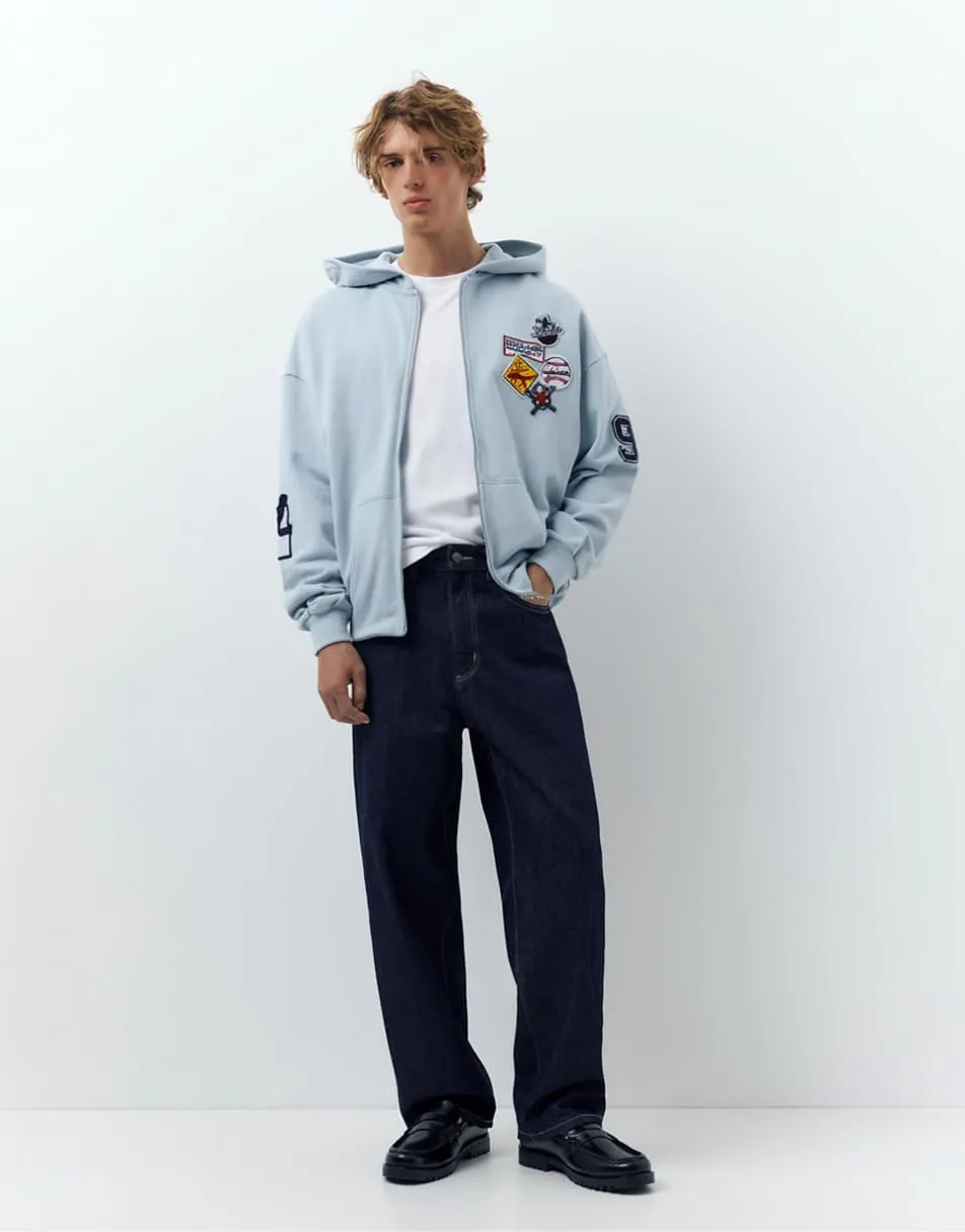 Pull&Bear Hooded sweatshirt with zip and patches in pale blue