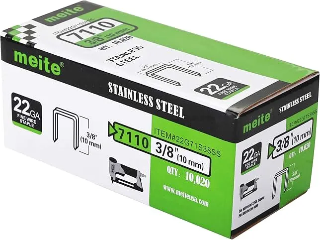 meite 71/10 22 Gauge 304 Stainless Steel Upholstery Staples, 3/8-Inch Crown with 3/8-Inch Leg Length, Heavy Duty Staples for Construction, Furniture, Crafts & DIY Projects (1 Box)