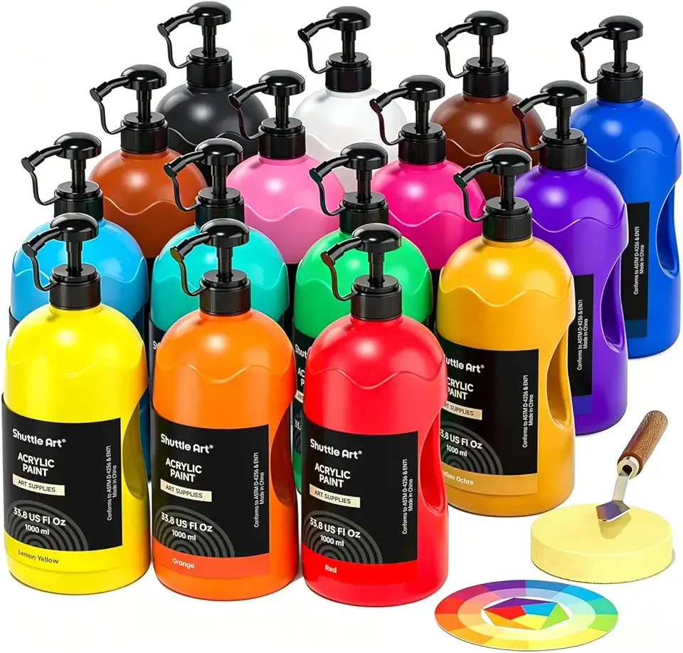 Shuttle Art 15 Colors Acrylic Paint Set, 33.8oz/1000ml Large Capacity Pump Bottles, Rich Pigments, High Coverage Paint, Fast Drying, Non-Toxic, for Canvas Wood Ceramic Rock Painting & DIY Crafts