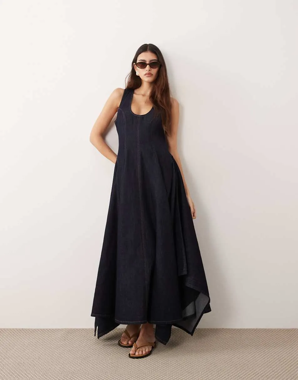 ARRANGE drop neck denim pleated hanky hem maxi dress in indigo
