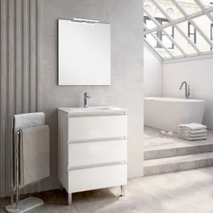 Pack Mueble de baño con Lavabo + Espejo ROMA 3 Cajones Blanco Lacado 70x45 cm - EGORE