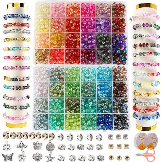 XJRLUK Glass Beads Bracelet Making Kit,1350PCS 48 Colors 8mm Crackle Glass Beads for Jewelry Making, Crystal Glass Round Beads Friendship Bracelet kit for DIY Crafts Gifts