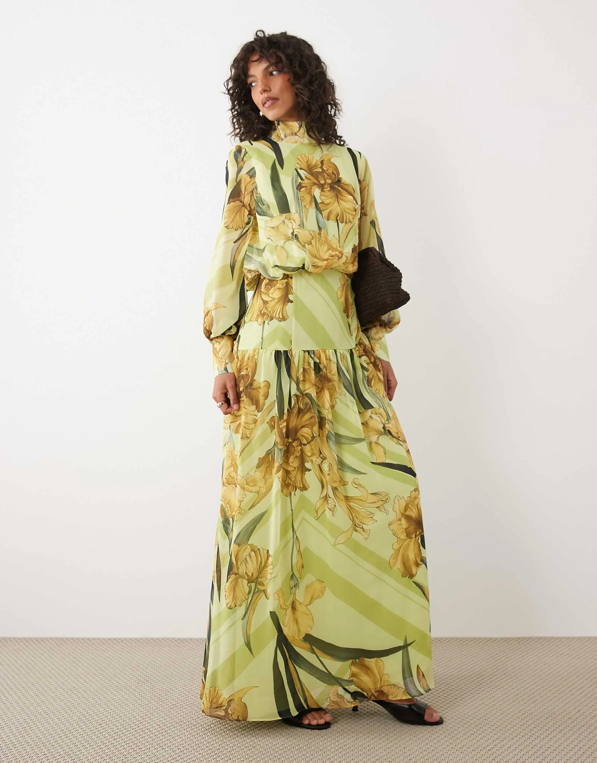 ASOS DESIGN high neck deep cuff maxi dress in yellow floral