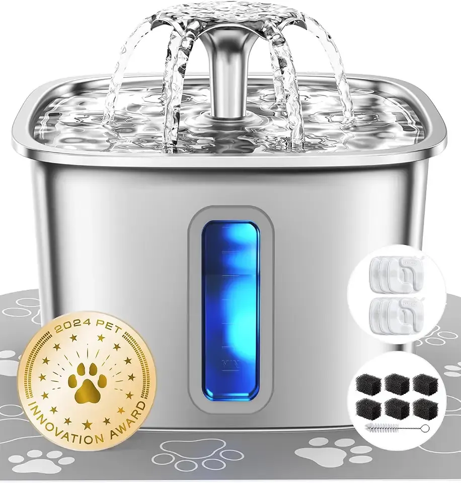 Veken Innovation Award Winner Stainless Steel Cat Water Fountain, 108oz | Automatic Pet Fountain Dog Water Dispenser with 6 Replacement Filters & Silicone Mat for Cats, Dogs, Multiple Pets (Silver)