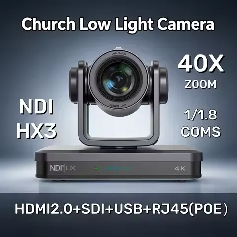 PTZ Camera NDI 4K 60FPS AI Tracking FHD 40X Zoom 1/1.8 Sensor for PTZ Live Streaming Church Broadcast POE HDMI SDI USB