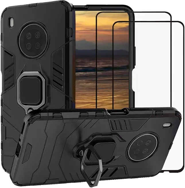 for Huawei Y9A Case, 2 in 1 Hybrid Heavy Duty Armor Shockproof Defender Kickstand Dual Layer Bumper Hard Back Case Cover Tempered Glass Screen Protector [2 Pack]，Black