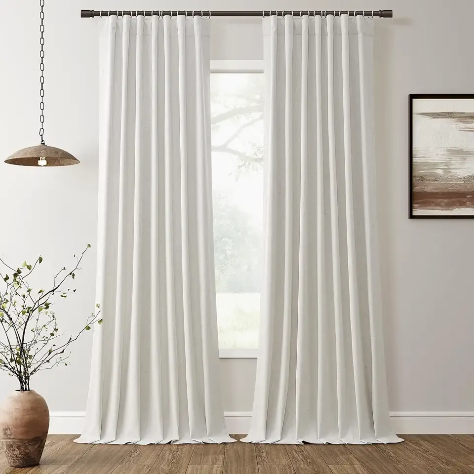 100% Blackout Curtains for Bedroom 84 Inches Long 2 Panels Faux Linen Curtains Black Out Thermal Insulated Room Darkening Drapes Natural Ivory Cream Pleated Back Tab Hook Belt Pocket Curtain 52x84