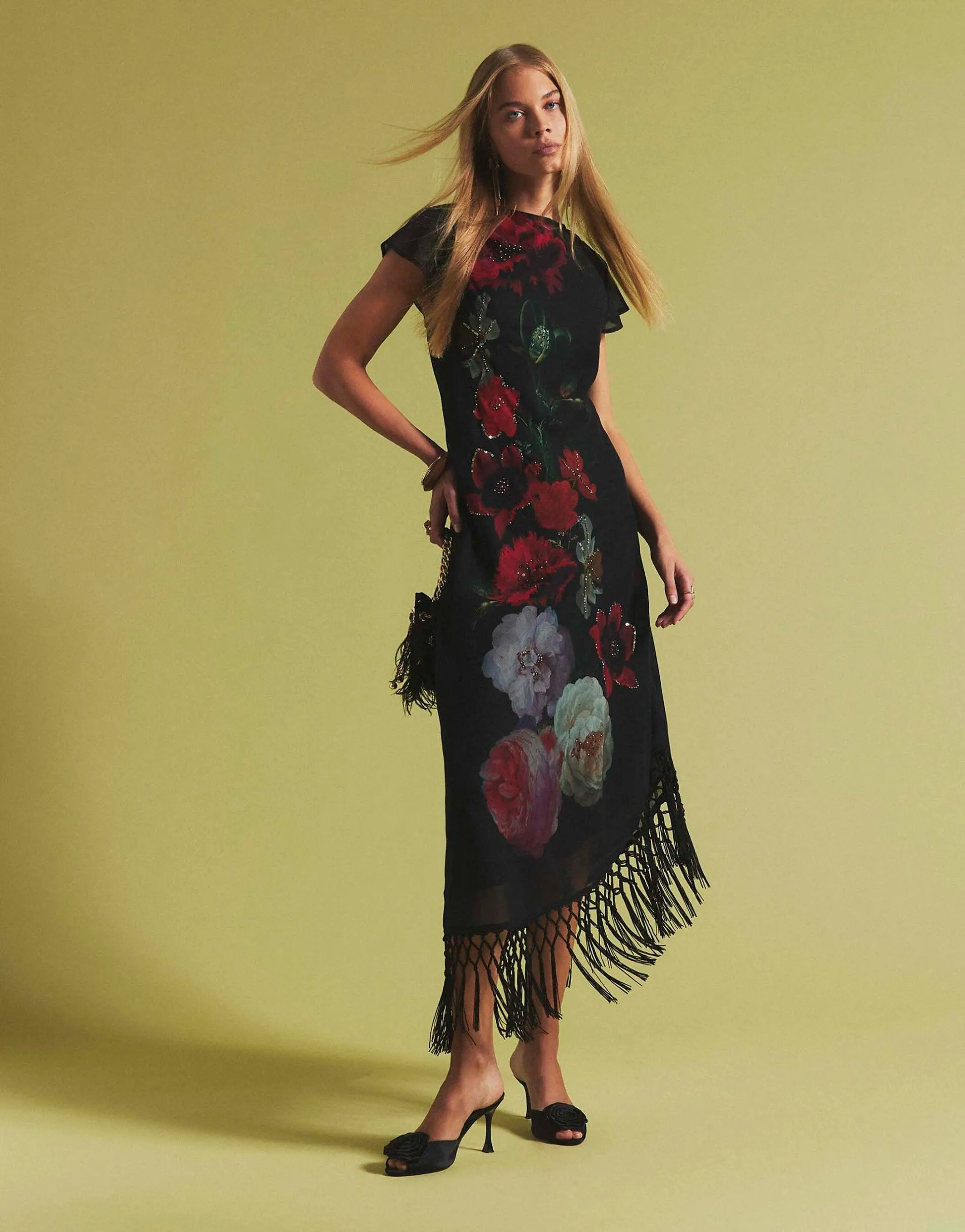 River Island Floral beaded fringed dress in black